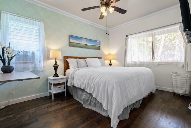 4435 Lower Honoapiilani Rd Unit 152, Lahaina, HI 96761 - bedroom with wallpapered walls, ornamental molding, hardwood / wood-style flooring, baseboards, and a ceiling fan