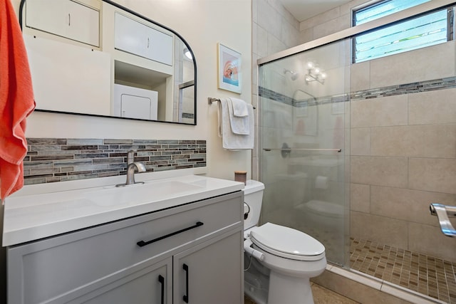 4435 Lower Honoapiilani Rd Unit 152, Lahaina, HI 96761 - bathroom with toilet, a shower stall, tasteful backsplash, vanity, and tile patterned floors
