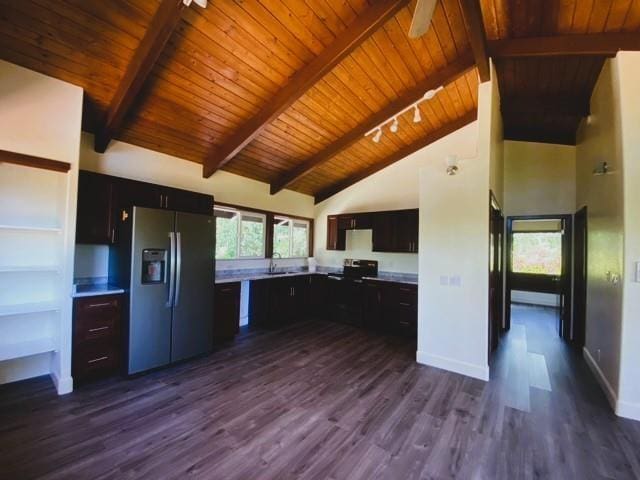 kitchen featuring stainless steel refrigerator with ice dispenser, sink, wood ceiling, and ceiling fan