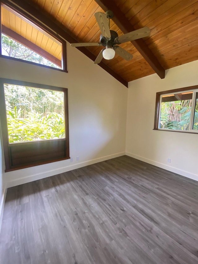 unfurnished room featuring dark wood-type flooring, ceiling fan, wood ceiling, and lofted ceiling with beams