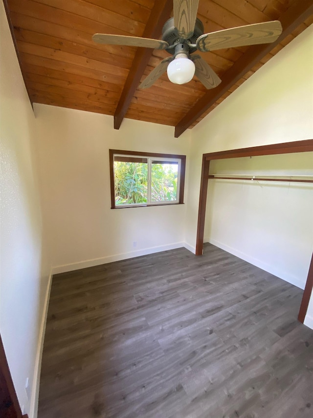 unfurnished bedroom featuring vaulted ceiling with beams, wooden ceiling, dark hardwood / wood-style floors, a closet, and ceiling fan