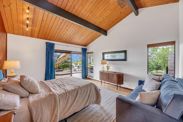 bedroom with access to outside, beamed ceiling, high vaulted ceiling, wood ceiling, and wood finished floors