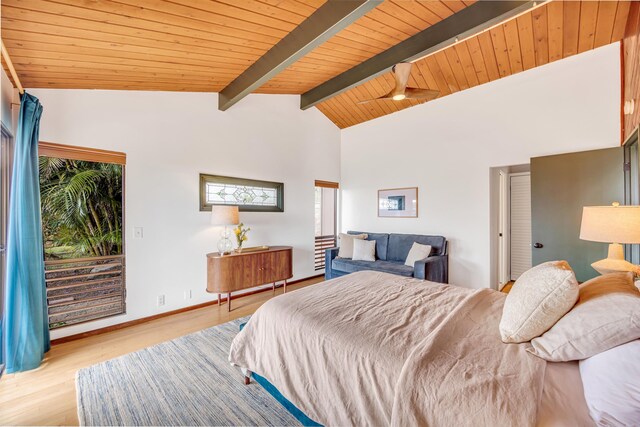 bedroom with baseboards, vaulted ceiling with beams, wood finished floors, and wood ceiling