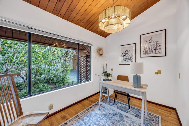 office featuring wooden ceiling, wood finished floors, baseboards, and lofted ceiling