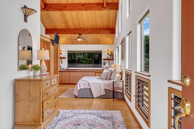 bedroom with light wood-style flooring, wooden ceiling, beamed ceiling, and high vaulted ceiling