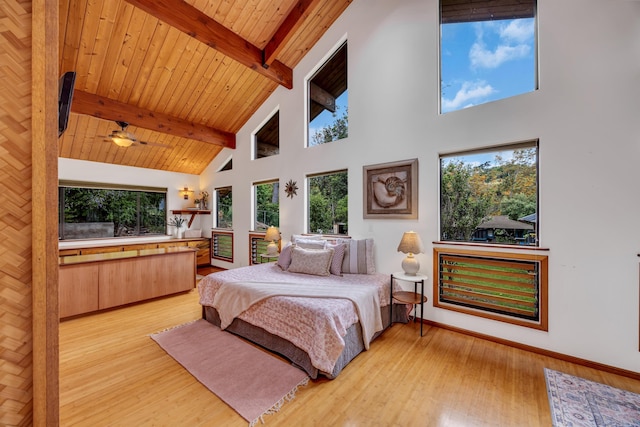 bedroom with baseboards, light wood-style floors, beam ceiling, high vaulted ceiling, and wooden ceiling
