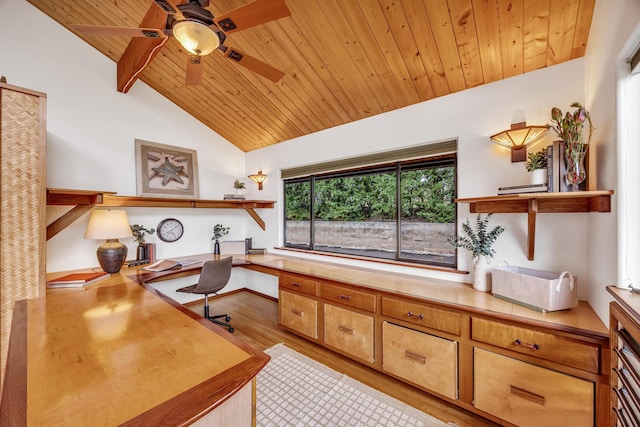 office area with lofted ceiling with beams, a ceiling fan, wood ceiling, light wood finished floors, and built in study area