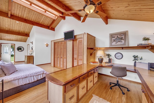 bedroom featuring lofted ceiling with beams, built in study area, light wood-style flooring, a ceiling fan, and wood ceiling
