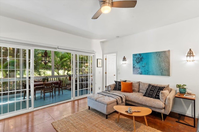 living room featuring ceiling fan