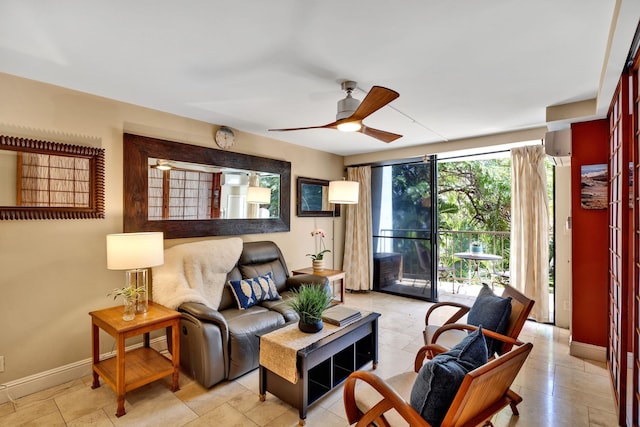 interior space featuring ceiling fan