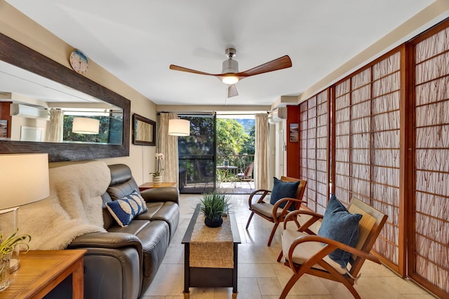 interior space featuring ceiling fan and a wall mounted AC