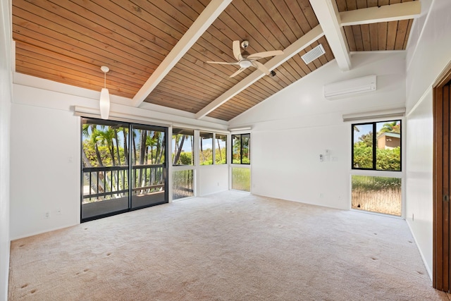 spare room featuring a wall unit AC, carpet floors, high vaulted ceiling, ceiling fan, and beamed ceiling