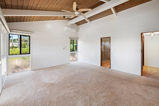 unfurnished room featuring ceiling fan, beamed ceiling, wood ceiling, a wall unit AC, and carpet floors