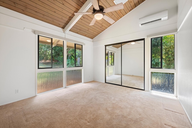 interior space featuring ceiling fan, beamed ceiling, a wall mounted air conditioner, wooden ceiling, and high vaulted ceiling