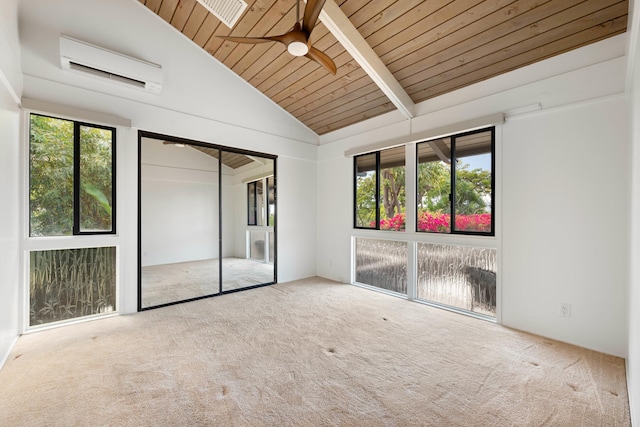 unfurnished bedroom featuring multiple windows, carpet flooring, wood ceiling, and a wall mounted AC