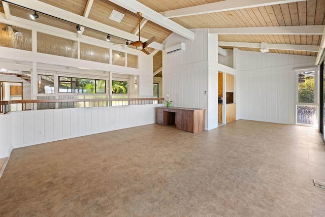 unfurnished living room featuring ceiling fan, beamed ceiling, wooden ceiling, rail lighting, and a wall mounted AC