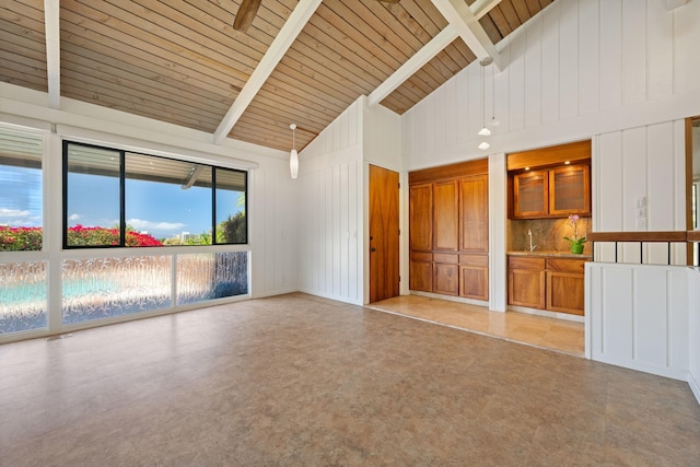 spare room featuring beam ceiling, wood ceiling, and high vaulted ceiling