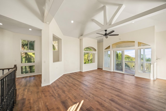 425 Kaukini Loop, Wailuku, HI 96793 - unfurnished living room with high vaulted ceiling, recessed lighting, wood finished floors, baseboards, and a ceiling fan