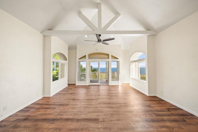 425 Kaukini Loop, Wailuku, HI 96793 - unfurnished living room featuring high vaulted ceiling, ceiling fan, wood finished floors, baseboards, and recessed lighting