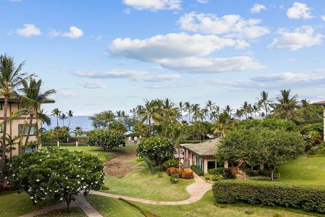 surrounding community with a lawn and a water view