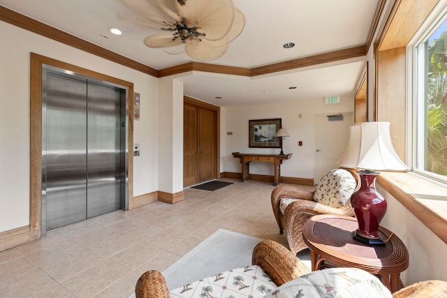 living room with ceiling fan, light tile patterned flooring, crown molding, and elevator