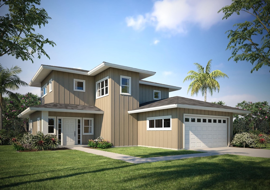 view of front of home with a garage, a front lawn, and concrete driveway
