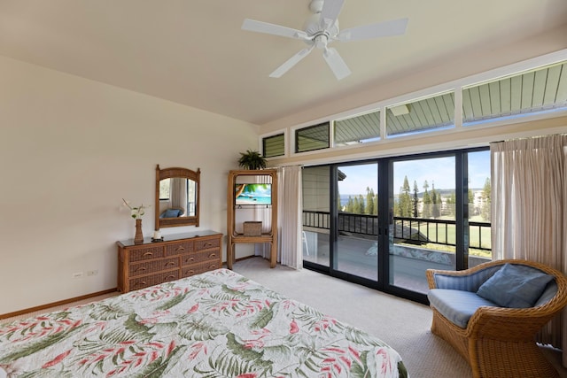 carpeted bedroom with ceiling fan and access to exterior