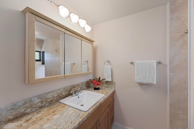 bathroom featuring walk in shower and vanity