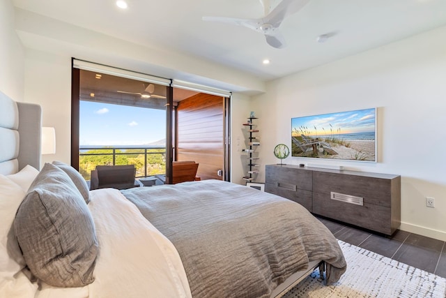 bedroom featuring ceiling fan and dark hardwood / wood-style flooring