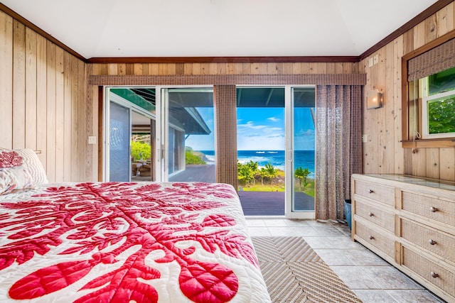 bedroom with access to exterior, wood walls, a water view, and lofted ceiling