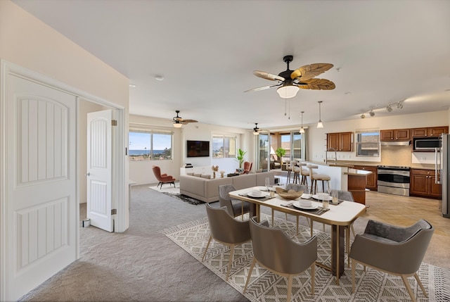 dining room with a healthy amount of sunlight and light colored carpet