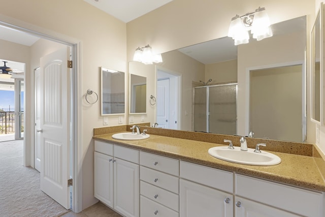 bathroom featuring vanity and a shower with door