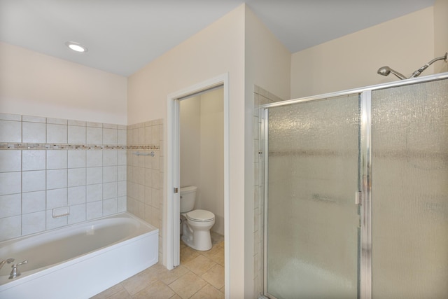 bathroom featuring tile patterned flooring, plus walk in shower, and toilet