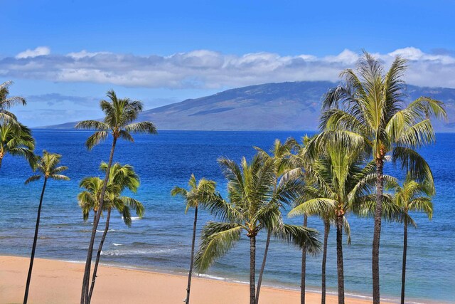 view of water feature with a beach view and a mountain view