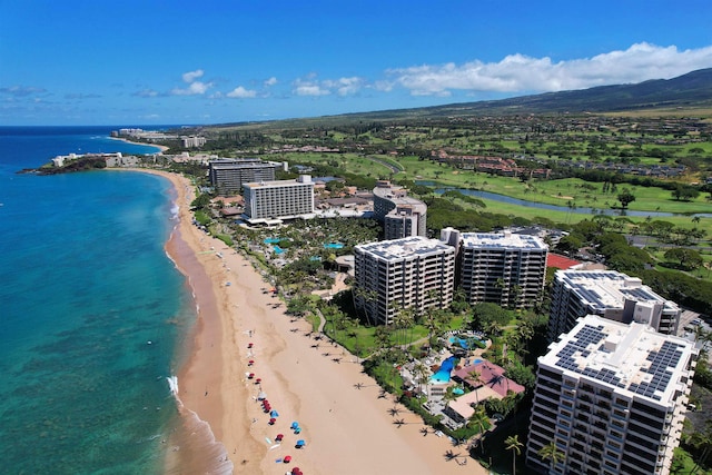 aerial view with a water view and a beach view