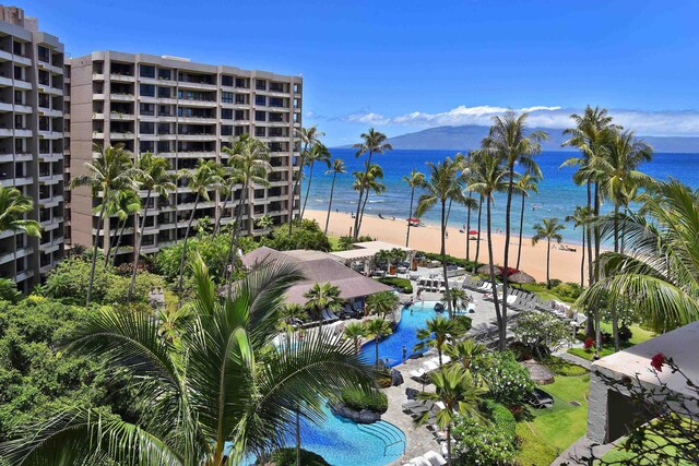 view of water feature with a beach view