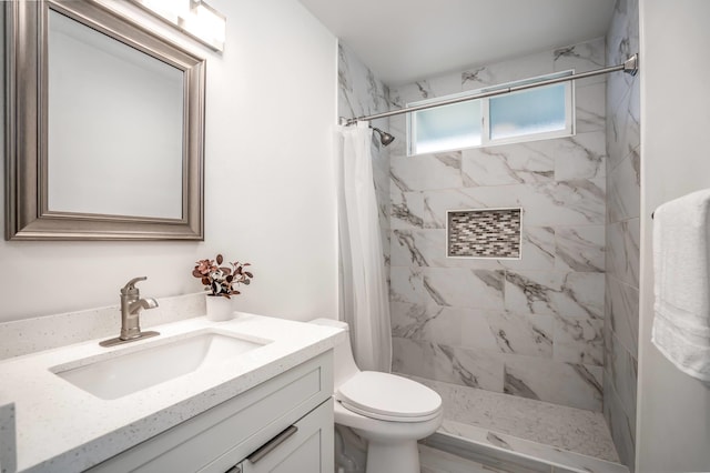 bathroom featuring toilet, vanity, and curtained shower