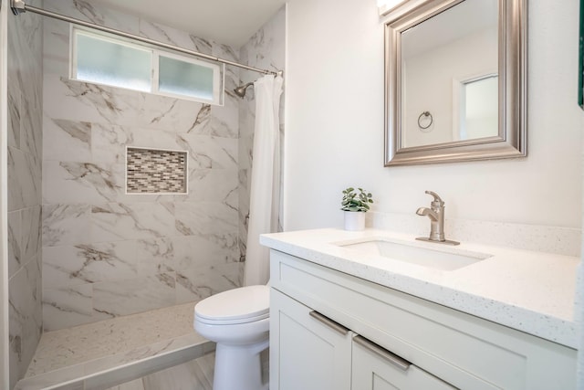 bathroom with toilet, a shower with curtain, and vanity