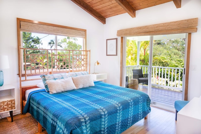 bedroom with wood ceiling, light hardwood / wood-style flooring, and lofted ceiling with beams