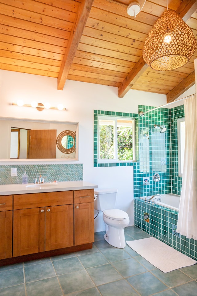 full bathroom with tile flooring, tiled shower / bath combo, toilet, vanity, and wooden ceiling