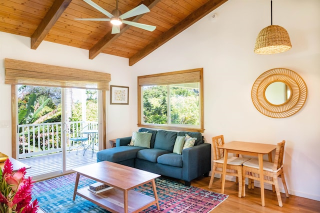 living room featuring wooden ceiling, ceiling fan, lofted ceiling with beams, and light hardwood / wood-style floors