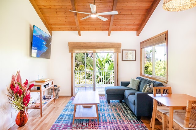 living room featuring light hardwood / wood-style flooring, ceiling fan, wood ceiling, and lofted ceiling with beams