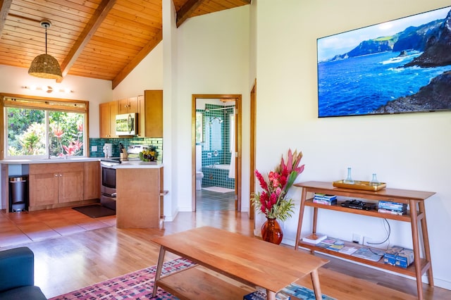 living room featuring high vaulted ceiling, beam ceiling, wood ceiling, and light tile floors