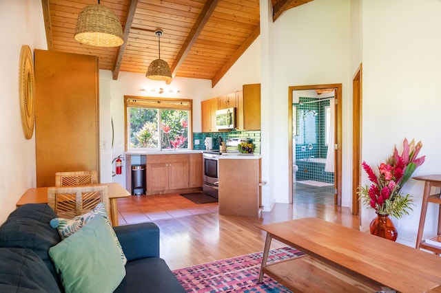 living room featuring light tile flooring, wooden ceiling, high vaulted ceiling, and beamed ceiling