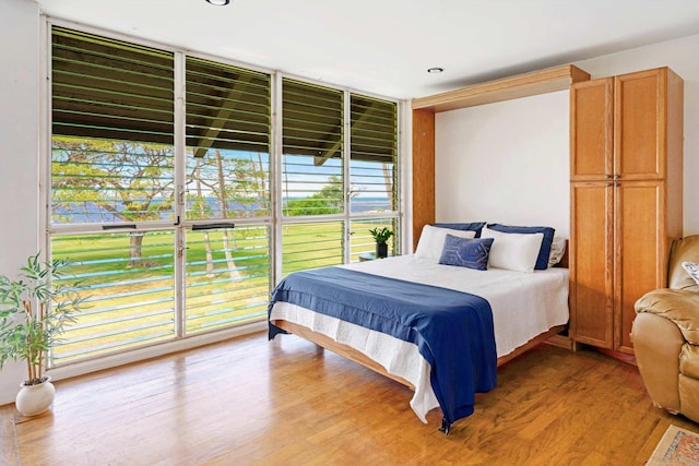 bedroom with light wood-style floors and expansive windows