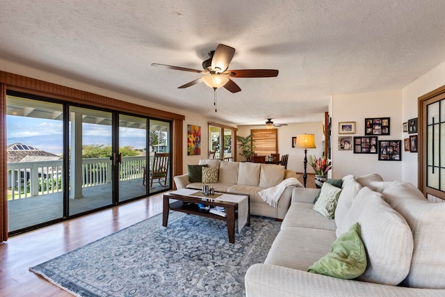 living room with hardwood / wood-style floors, a textured ceiling, and a wealth of natural light