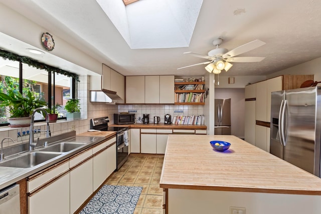 kitchen with appliances with stainless steel finishes, a skylight, sink, ceiling fan, and decorative backsplash