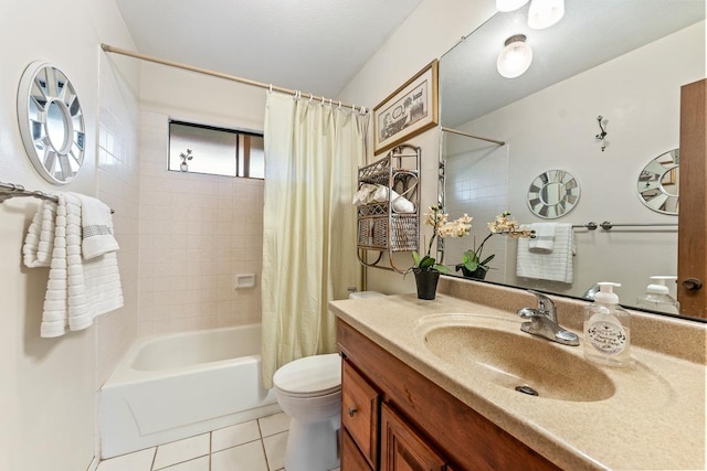 full bathroom with shower / bath combination with curtain, toilet, vanity, and tile patterned flooring