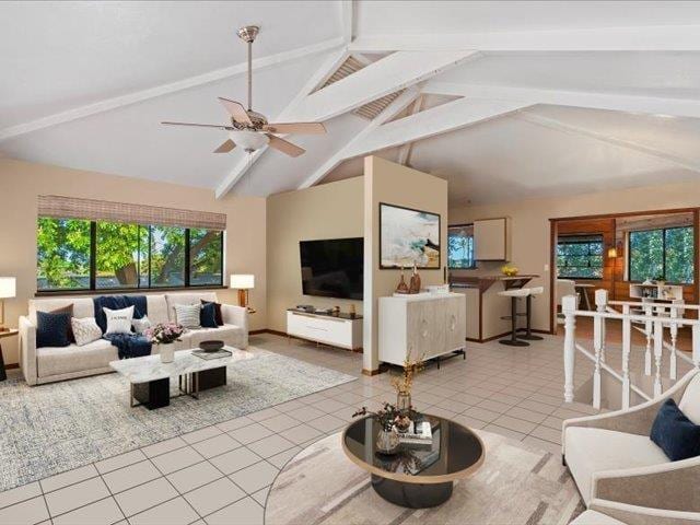 tiled living room with beam ceiling, ceiling fan, and high vaulted ceiling