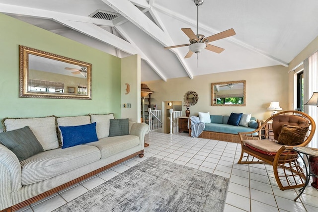 tiled living room with ceiling fan and lofted ceiling with beams